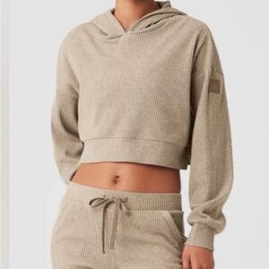ALO Yoga Ribbed Cropped Hoodie in gravel